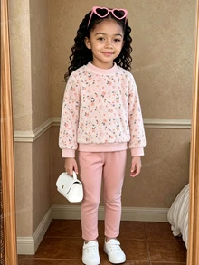 Young Girls Floral Hoodie & Sweatshirt Co-Ords, Autumn, Fall Tops Round Neck Long Sleeve Fuzzy Top Paired With Solid Color Pants - Pink - View 3