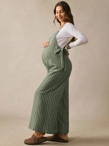 Boho Mama 孕婦時尚寬鬆連身褲，直條紋圖案 - 綠色 - 查看 6