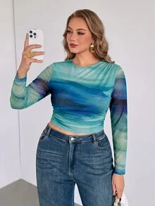 Auralis Round Neck Long Sleeve Tie Dye Pleated Transparent Printed T-Shirt - Multicolor - View 4