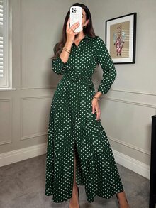 SHEIN Clasi 女款波點長袖休閒襯衫洋裝 - 墨綠色 - 查看 6
