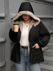 Reflora Women Plus Size Patchwork Faux Fur Hooded Cinched Waist Padded Coat - Black - View 6