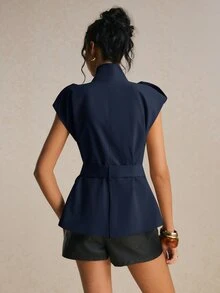 Poéselle Women's Solid Color Waist Tie Casual Versatile Trench Coat Jacket - Navy Blue - View 8