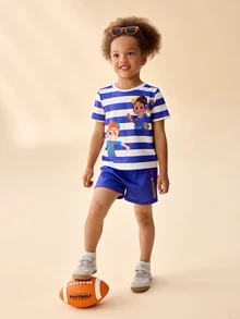 Blippi X SHEIN Young Girl Striped Round Neck Short Sleeve T-Shirt And Shorts Set - Purple - View 6
