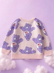 SHEIN X Care Bears 1件少女休閒百搭粉色卡通紫色熊趣味圖案圓領寬鬆舒適長袖套頭毛衣，適合日常穿著、秋冬室內運動、攝影、節慶生日 - 彩色 - 查看 2
