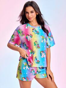 My Little Pony X SHEIN Women's Unicorn Print Short Sleeve Top & Shorts Pajama Set - Multicolor - View 1