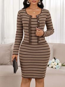 SHEIN Lady Women's Striped Bandeau Dress And Cardigan Knit Set - Khaki - View 3