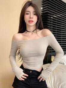 DAZY 女款方領修身T恤，性感風格 - 灰色 - 查看 3