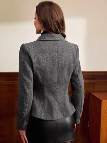 Vintamour Blazer Kasual Wanita Warna Polos Kerah Syal Lengan Panjang Kancing Tunggal - Dark Grey - View 2