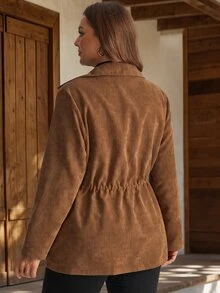 EMERY ROSE Plus Drawstring Waist Button Front Coat - Brown - View 3