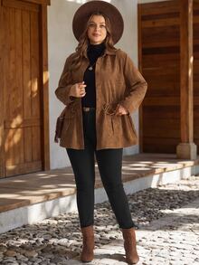 EMERY ROSE Plus Drawstring Waist Button Front Coat - Brown - View 6