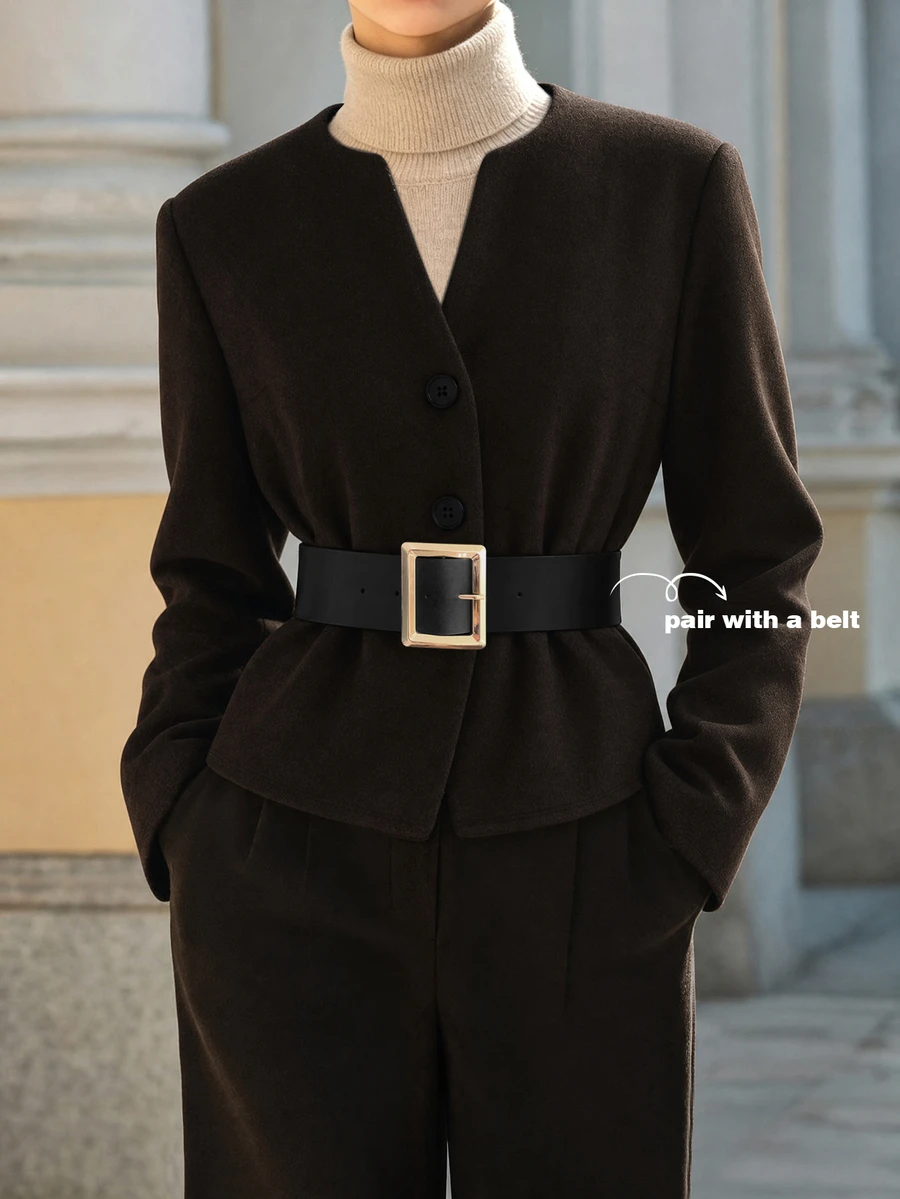 Balvessa Women's Brown Round Neck Black Belt Waist Short Wool Blend Versatile Jacket - Mocha Brown - View 1