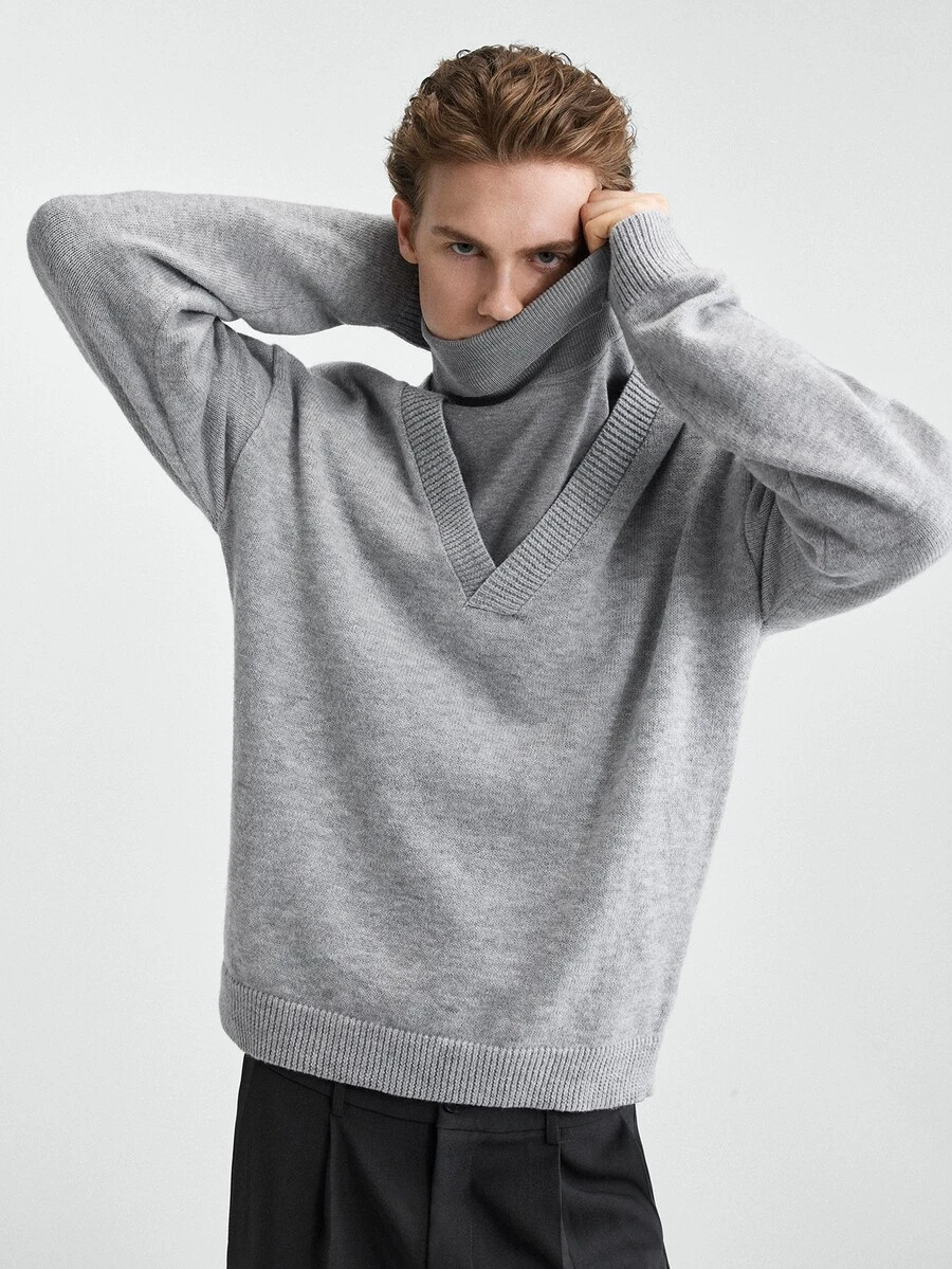 RONVEXI Men's Solid Color Casual Versatile Daily Wear Long Sleeve Sweater - Grey - View 1
