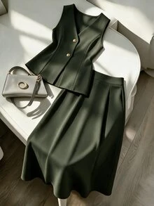 Franclia Plus Size Women's Elegant V-Neck Sleeveless Vest & Long Skirt 2 Pieces Set - Green - View 3