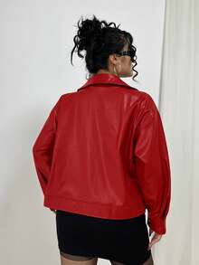 POPSWAY Plus Size Solid Color PU Long Sleeve Zip-Up Lapel Jacket - Red - View 2
