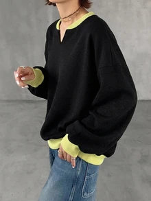 FRIFUL Sweatshirt Longgar Wanita Gaya Korea Baru Awal Musim Gugur dengan Kain Waffle Warna-warni - Hitam - View 4