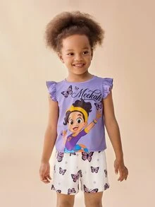 Blippi X SHEIN Set Kasual Sehari-hari untuk Anak Perempuan: Kaos Lengan Bergelombang Motif Kartun dan Celana Pendek - Mauve Purple - View 3