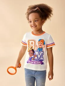 Blippi X SHEIN Young Girl Letter Print Short Sleeve Crew Neck T-Shirt - Orange - View 1