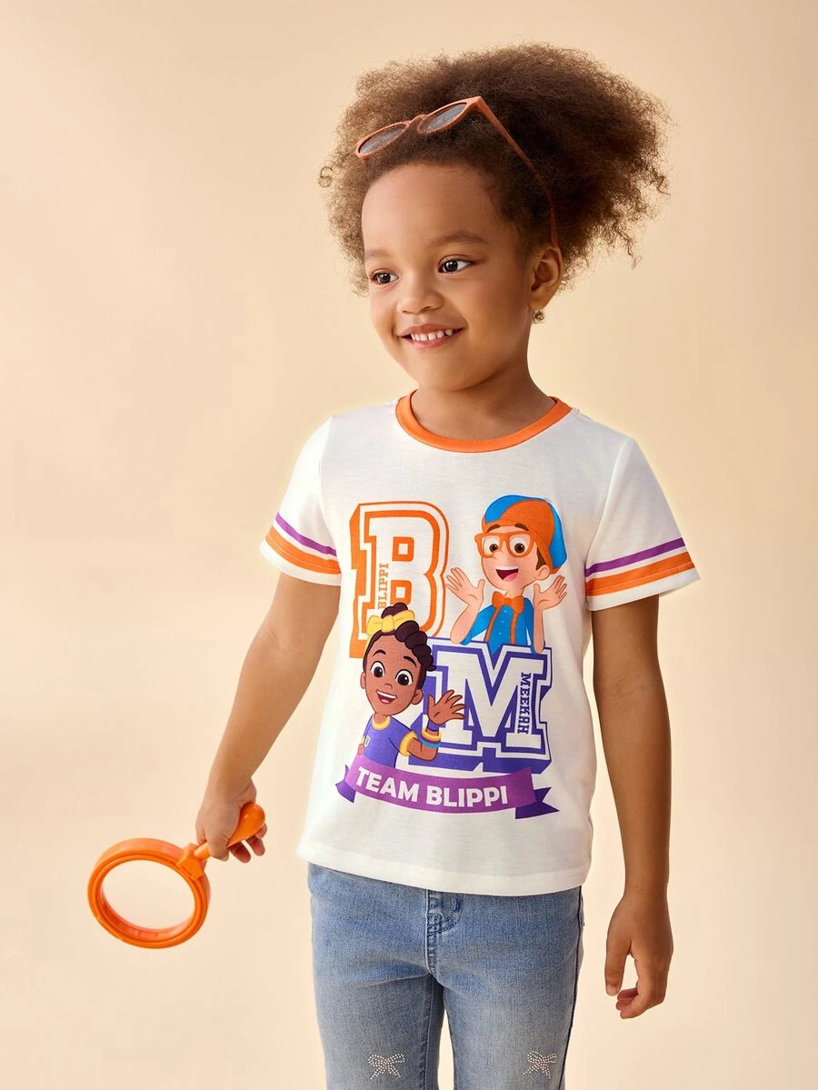 Blippi X SHEIN Young Girl Letter Print Short Sleeve Crew Neck T-Shirt - Orange - View 1