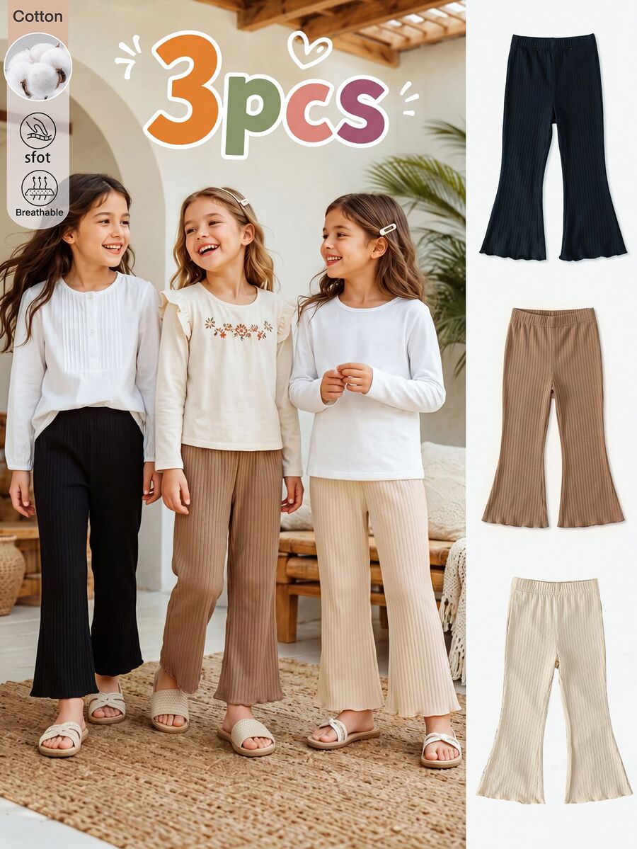 SHEIN Young Girls 3‑Pack Soft Stretchy Ribbed Knit Flare Leg Pants, Elastic Waist Lettuce Trim Solid Casua