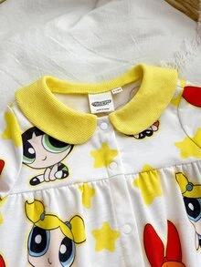 THE POWERPUFF GIRLS X SHEIN 女嬰卡通印花彼得潘領長袖連身衣 - 黃色 - 查看 3