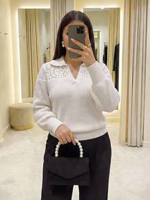 Dripcurv Plus Size Women's Solid Color Collared Long Sleeve Casual Elegant Pullover Sweater Formal Morning White Spring Winter - Camel - View 1