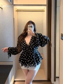 Vibekara Plus Size French Chic Black Polka Dot V-Neck Lightweight Tie Bell Sleeve Blouse - Black - View 7