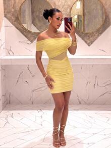 Slaydiva Women Pale Yellow Off Shoulder Ruched Mesh Mini Dress Cross Wrap Waist Cutout Bodycon Sexy Vacation Club Party Short Dress Cocktail Going Out - Light Yellow - View 5