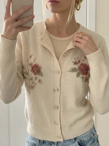 Strévra Women's Winter Beige Round Neck Button Cable Knit Long Sleeve Slim Fit Ribbed Cardigan - Beige - View 5