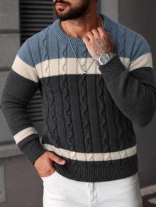 Manfinity Mode Sweater Pria Lengan Panjang Kasual Serbaguna untuk Pemakaian Harian Motif Colorblock - MultiWarna - View 3