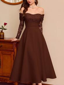 Vintamour Women's Lace Patchwork Tube Casual Party Long Strapless Dress - Brown - View 1