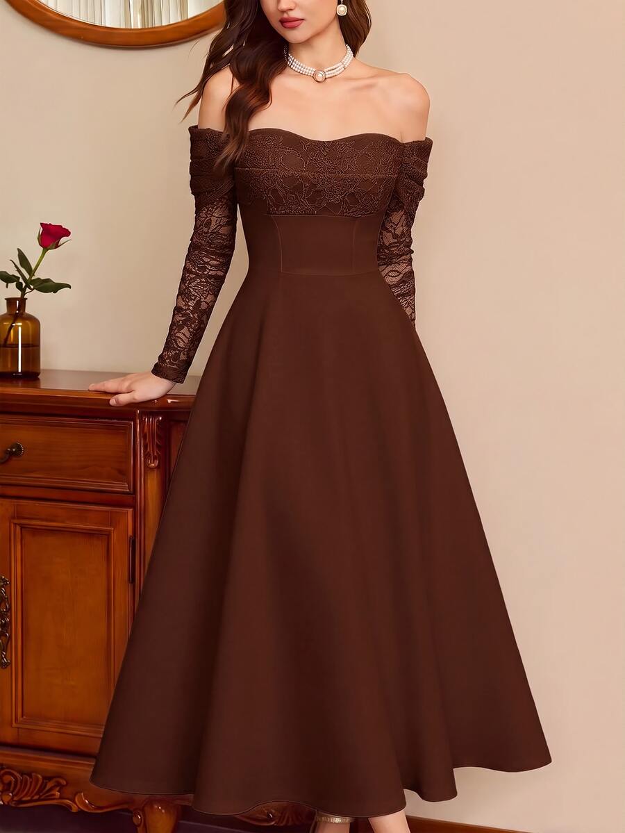 Vintamour Women's Lace Patchwork Tube Casual Party Long Strapless Dress - Brown - View 1