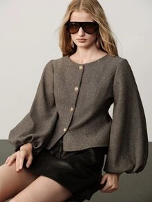 Aveloria Modichic Women's Solid Color Casual Versatile Daily Wear Lantern Sleeve Jacket - Coffee Brown - View 1