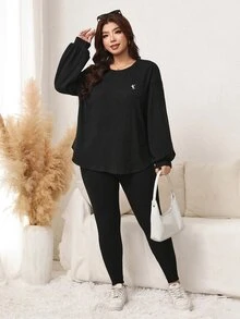 Comfylo Plus Size Women's Knight Graphic Long Sleeve Top And Pants Casual Daily Outfit Set - Black - View 6