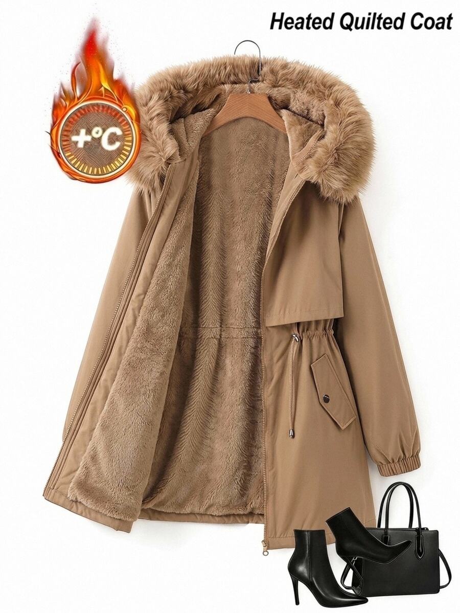 Comfylo Plus Size Women's Fur Collar Zipper Pocket Design Winter Jacket - Brown - View 1