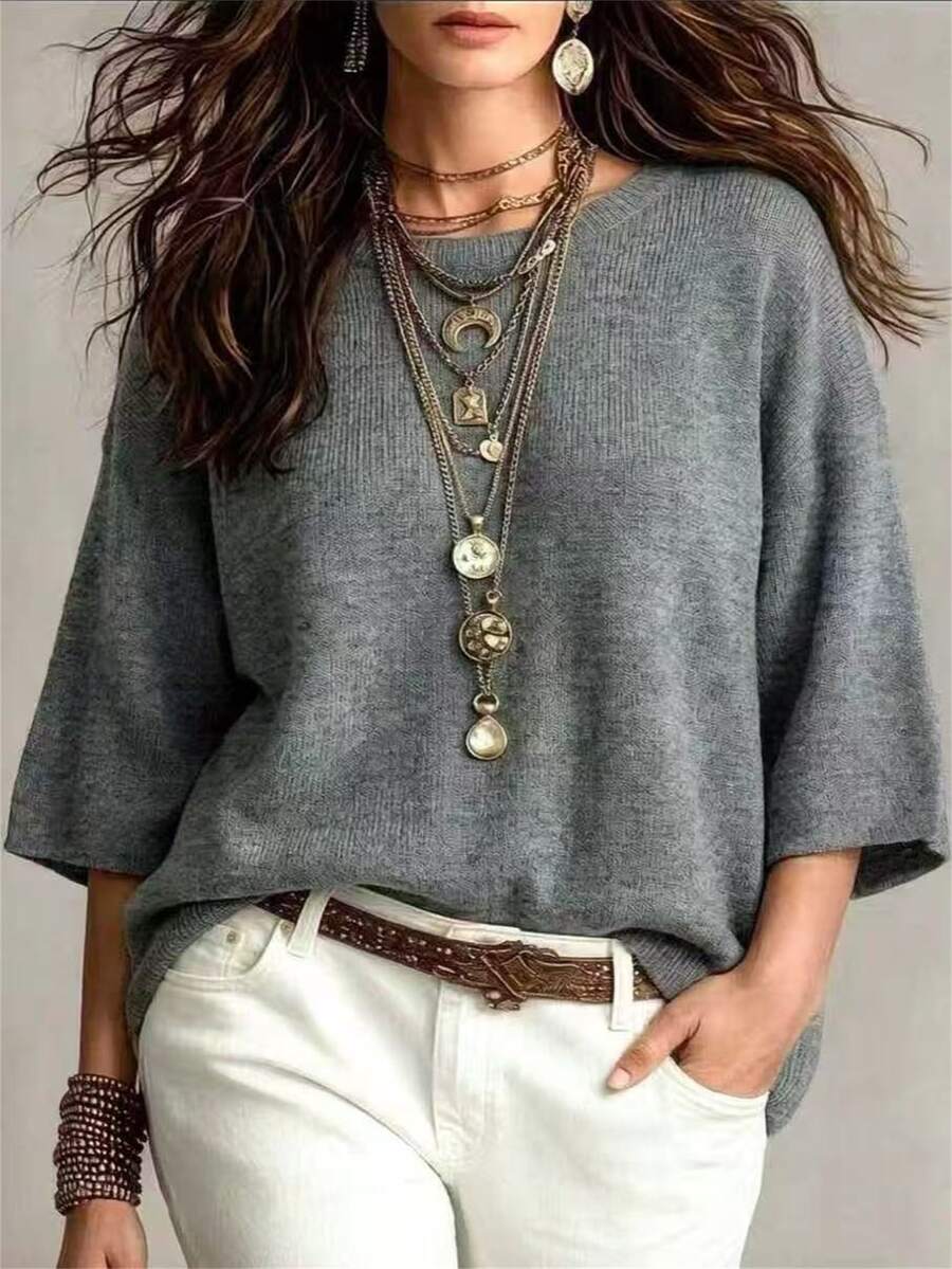 SHEIN Plus Size Grey Loose Drop Shoulder 3/4 Sleeve Casual Commute Artistic Style Relaxed Fit Crew Neck Top - Grey - View 1