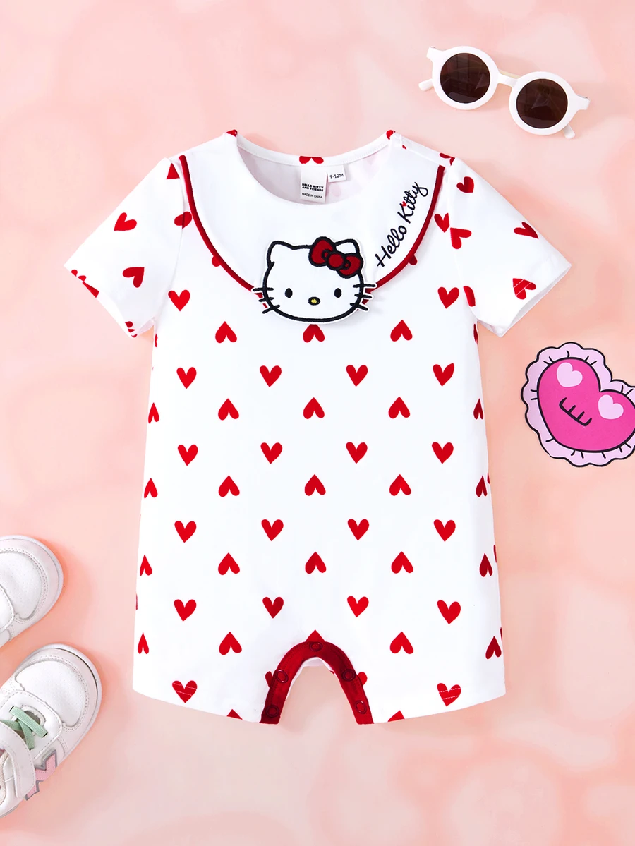 HELLO KITTY AND FRIENDS | SHEIN رومبير موضة للبنات الصغيرات بتطريز وتطبيق كرتوني - ابيض واحمر - مشاهدة 1