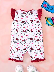 HELLO KITTY AND FRIENDS | SHEIN Baby Girl Cartoon Print Round Neck Flutter Sleeve Cute Romper - Red - View 2
