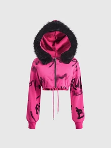 ROMWE Street Life Sweatshirt Crop Top Warna Pink Mawar Gaya Jalanan Hot Girl dengan Cetakan Grafiti Huruf, Kerah Fleece, Panjang Pendek, Set 2 Potong untuk Wanita - Berwarna merah muda - View 3