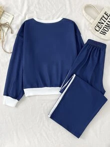 SHEIN Tween Girls Tween Girl Autumn/Winter Simple Side Stripe Casual Bow Print Long Sleeve Pants Set - Multicolor - View 2