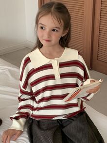 DAZY (Gadis Remaja) Sweater Longgar Berkerah Garis-garis Kasual Potongan Lurus Lengan Panjang Warna Kontras, Musim Gugur/Dingin - Aprikot - View 7