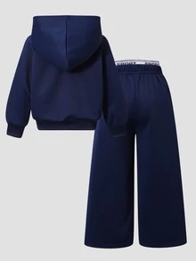 SHEIN 2件組女孩春秋海軍藍甜美風針織運動套裝，小馬印花落肩連帽拉鍊外套搭配寬腿長褲，適合學校、通勤、戶外出遊與日常穿著的多功能套裝 - 藏蓝色 - 查看 2