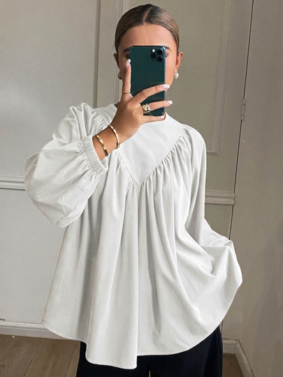 DAZY Solid Color Loose Round Neck Doll Blouse 3/4 Sleeve Pleated Corduroy Casual Vacation Spring Autumn Women's Shirt