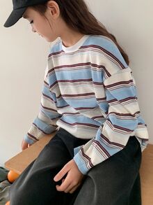 Dazy Kids Tween Girl) Loose Striped Crew Neck Casual Basic Pullover T-Shirt Top, Autumn - Blue - View 9