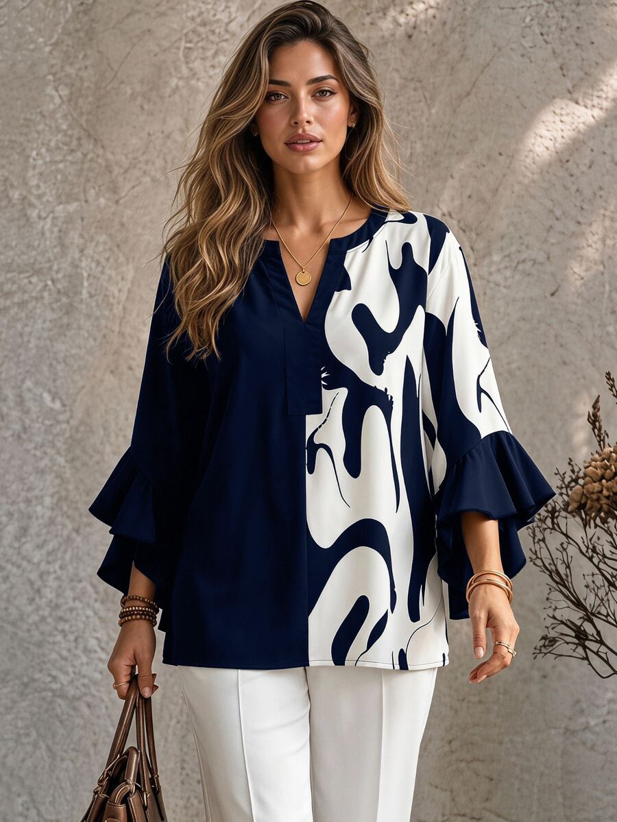 Ceyna Autumn Style Floral Geometric Print Colorblock Patchwork Black Ruffle Trim 3/4 Sleeve V-Neck Plus Size Blouse - Navy Blue - View 1