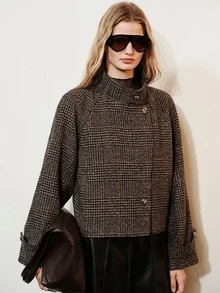 Aveloria Modichic Women's Jacket Oversized Broad Shoulder Tweed Lapel Gold Button Retro British Old Money Brown Black Plaid Fall Clothes For Women Christmas - Multicolor - View 6