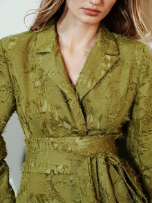 Aveloria Modichic Women's Blazer Slim Wrap Waist Jacquard Frayed Lapel Self Tie Fringe Commute Olive Green Elegant Designer Jacket Tops - Green - View 2