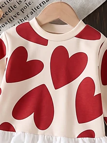 Sweet & Cool Heart Print Baby Girl Top, Red Heart Pattern All-Over Print, Delicate Lace Ruffle Hem, Stylish Round Neck Long Sleeve Sweatshirt For Baby Girls, Suitable For Autumn/Winter Daily Wear - Multicolor - View 4
