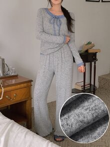 DAZY 2pcs/Set Women's Plaid Patchwork Contrast Color Long Sleeve T-Shirt & Straight Leg Long Pajama Pants Sleepwear Set - Grey - View 7