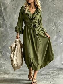 SHEIN Women's Solid Color Ruffle Collar Flare Sleeve Waist Tie Elegant Dress - Green - View 3