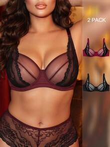 Divavoom طقم حمالات صدر نسائية 2 قطعة بتصميم دانتيل مرقع مع سلك دعم وكوب رفيع مقاس كبير - متعدد الألوان - مشاهدة 1